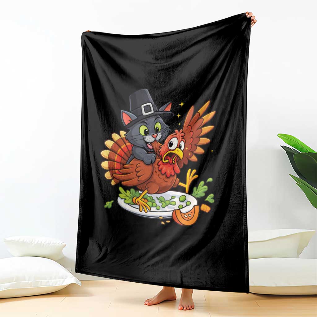 Funny Thanksgiving Cat Pilgrim Eat Turkey Throw Blanket - Wonder Print Shop