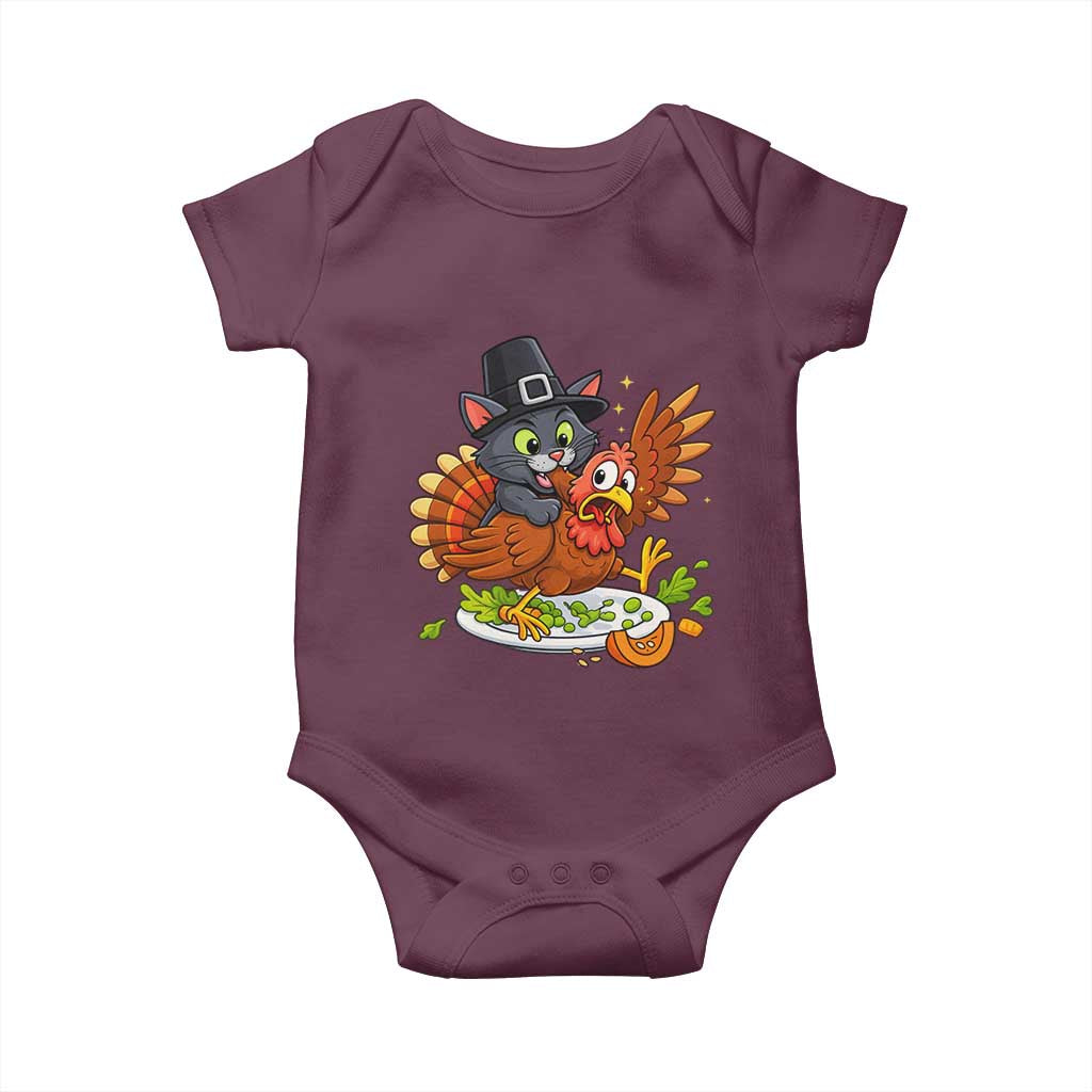 Funny Thanksgiving Cat Pilgrim Eat Turkey Baby Onesie - Wonder Print Shop