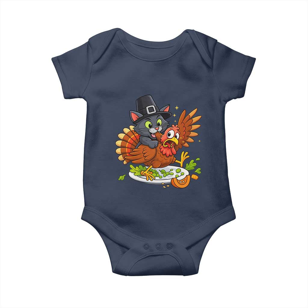 Funny Thanksgiving Cat Pilgrim Eat Turkey Baby Onesie - Wonder Print Shop
