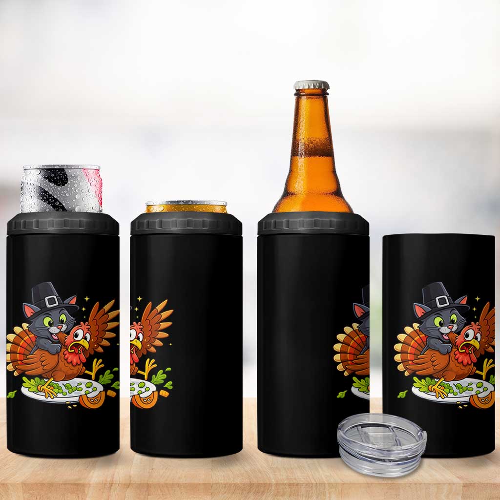 Funny Thanksgiving Cat Pilgrim Eat Turkey 4 in 1 Can Cooler Tumbler