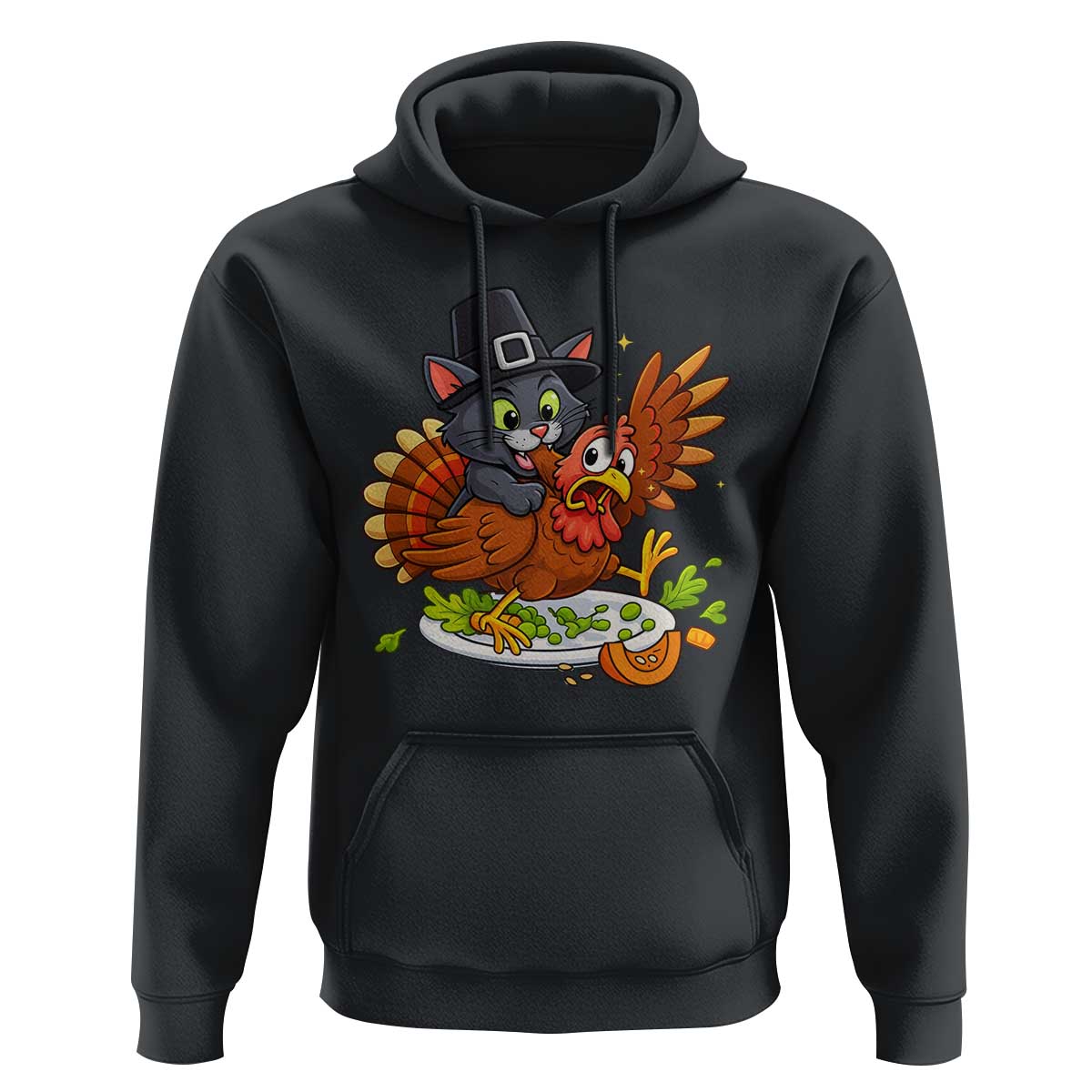 Funny Thanksgiving Cat Pilgrim Eat Turkey Hoodie - Wonder Print Shop