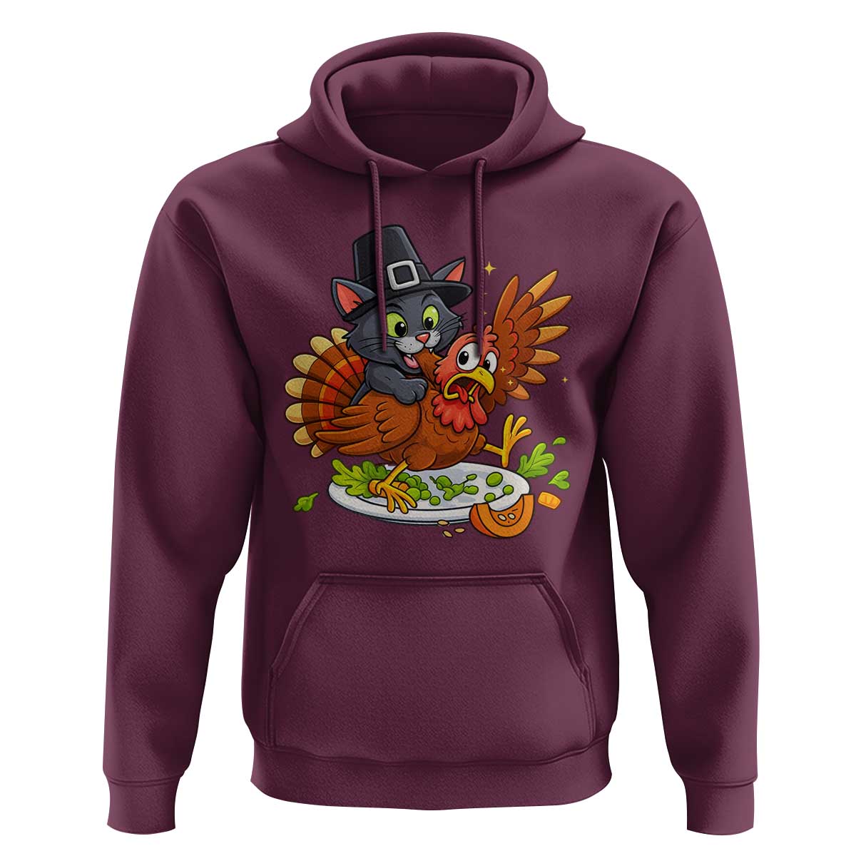 Funny Thanksgiving Cat Pilgrim Eat Turkey Hoodie - Wonder Print Shop
