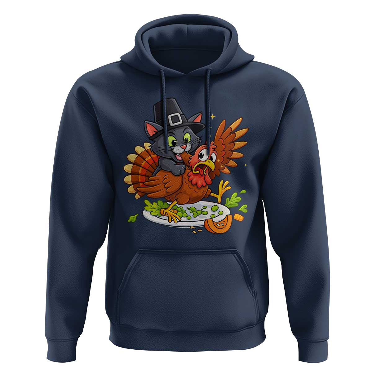 Funny Thanksgiving Cat Pilgrim Eat Turkey Hoodie - Wonder Print Shop