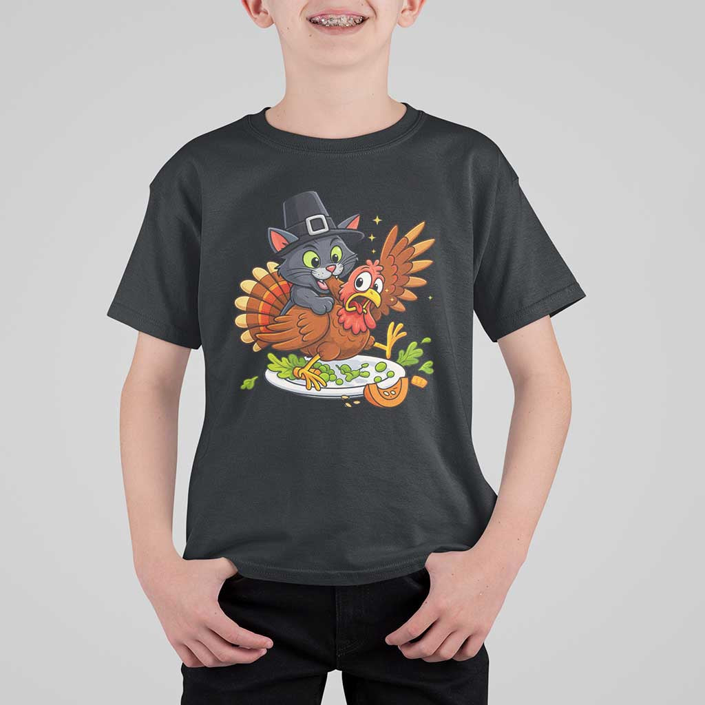 Funny Thanksgiving Cat Pilgrim Eat Turkey T Shirt For Kid - Wonder Print Shop