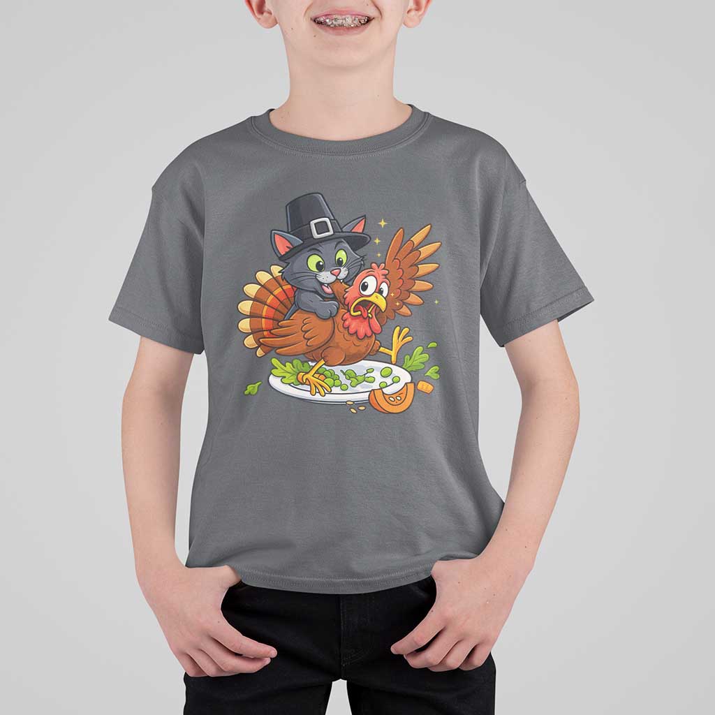 Funny Thanksgiving Cat Pilgrim Eat Turkey T Shirt For Kid - Wonder Print Shop