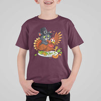 Funny Thanksgiving Cat Pilgrim Eat Turkey T Shirt For Kid - Wonder Print Shop
