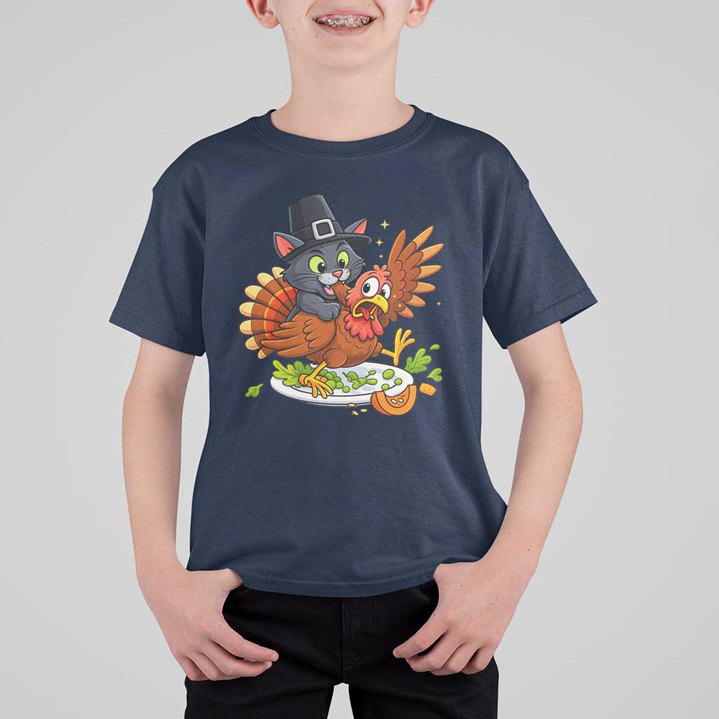 Funny Thanksgiving Cat Pilgrim Eat Turkey T Shirt For Kid - Wonder Print Shop