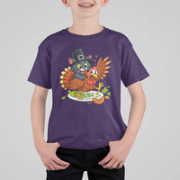 Funny Thanksgiving Cat Pilgrim Eat Turkey T Shirt For Kid - Wonder Print Shop