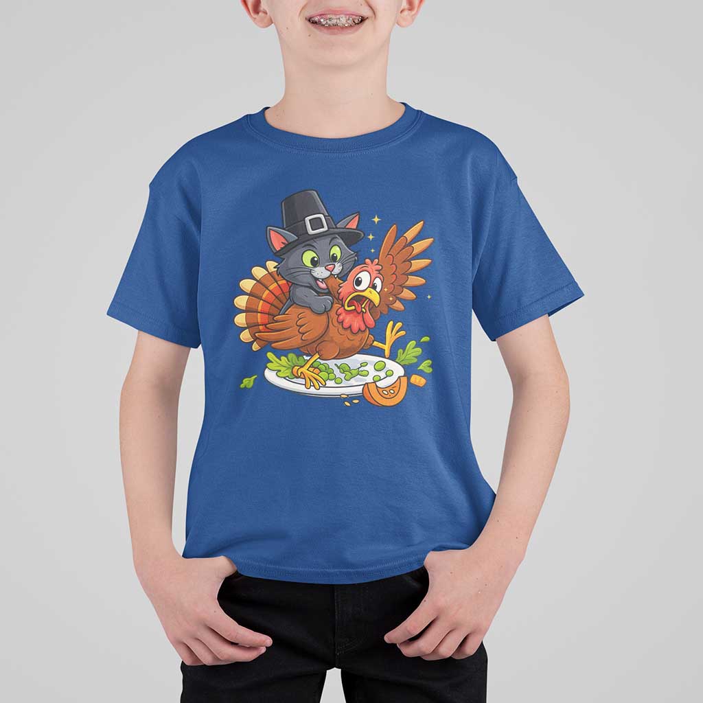Funny Thanksgiving Cat Pilgrim Eat Turkey T Shirt For Kid - Wonder Print Shop