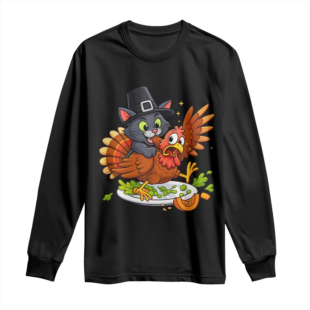 Funny Thanksgiving Cat Pilgrim Eat Turkey Long Sleeve Shirt - Wonder Print Shop