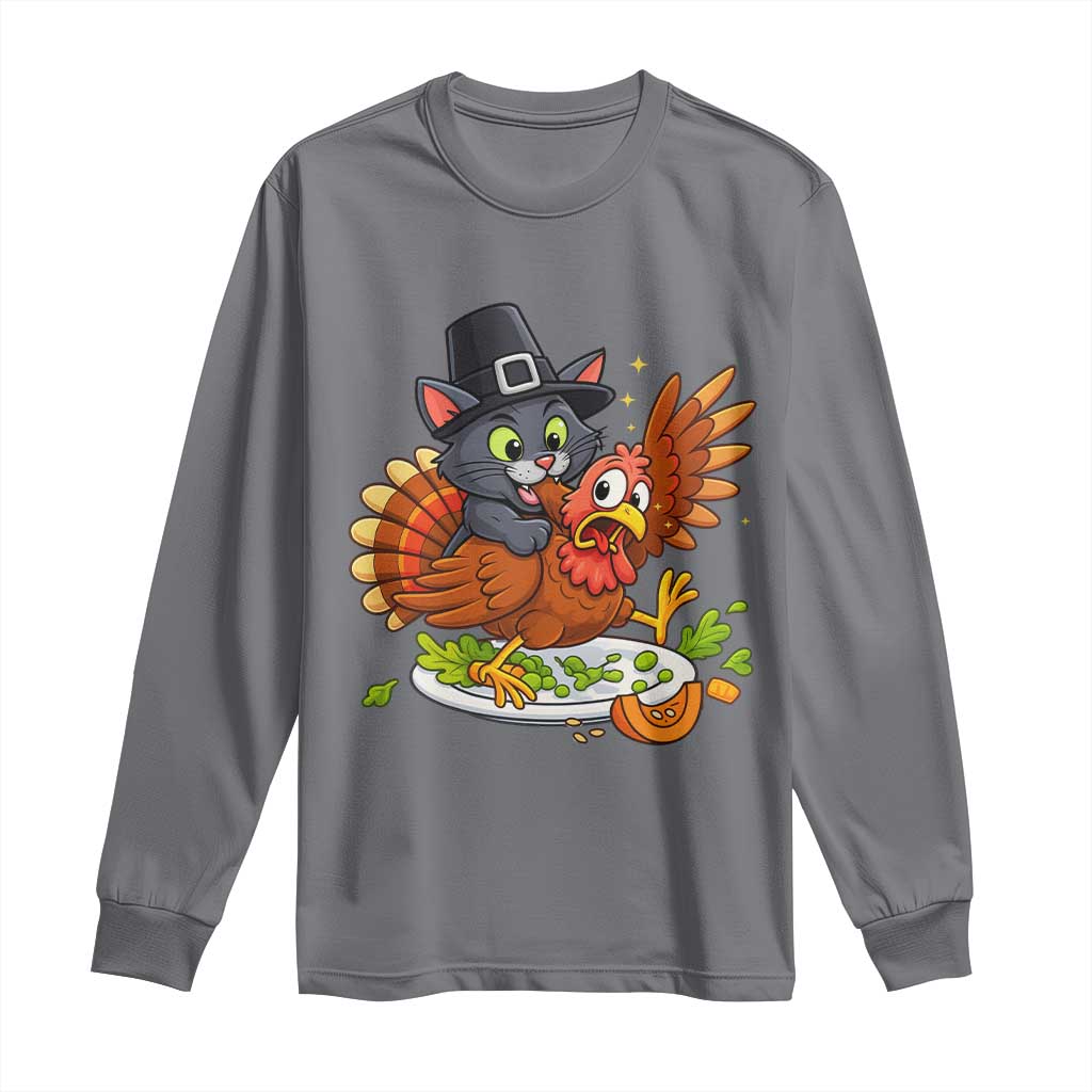 Funny Thanksgiving Cat Pilgrim Eat Turkey Long Sleeve Shirt - Wonder Print Shop