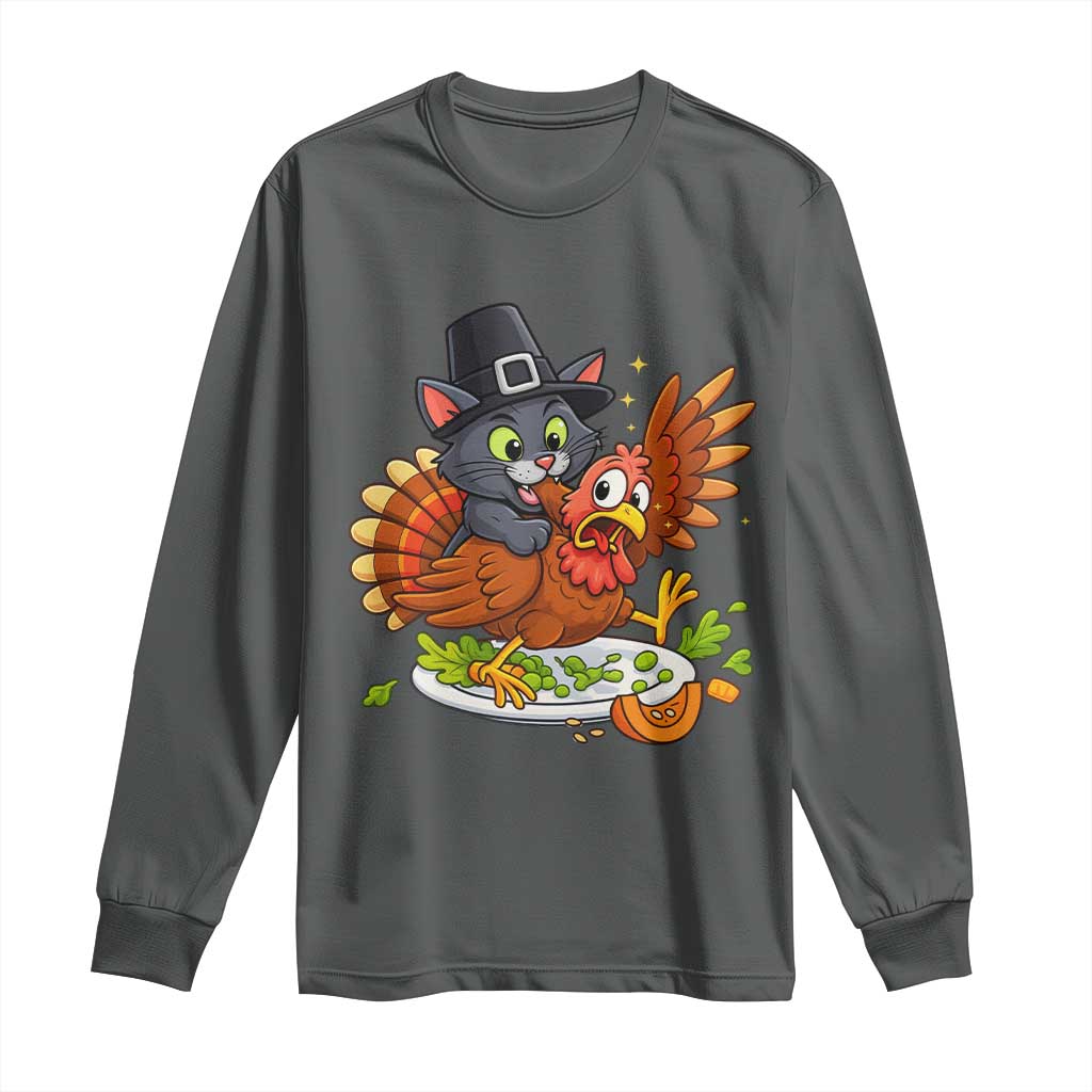 Funny Thanksgiving Cat Pilgrim Eat Turkey Long Sleeve Shirt - Wonder Print Shop