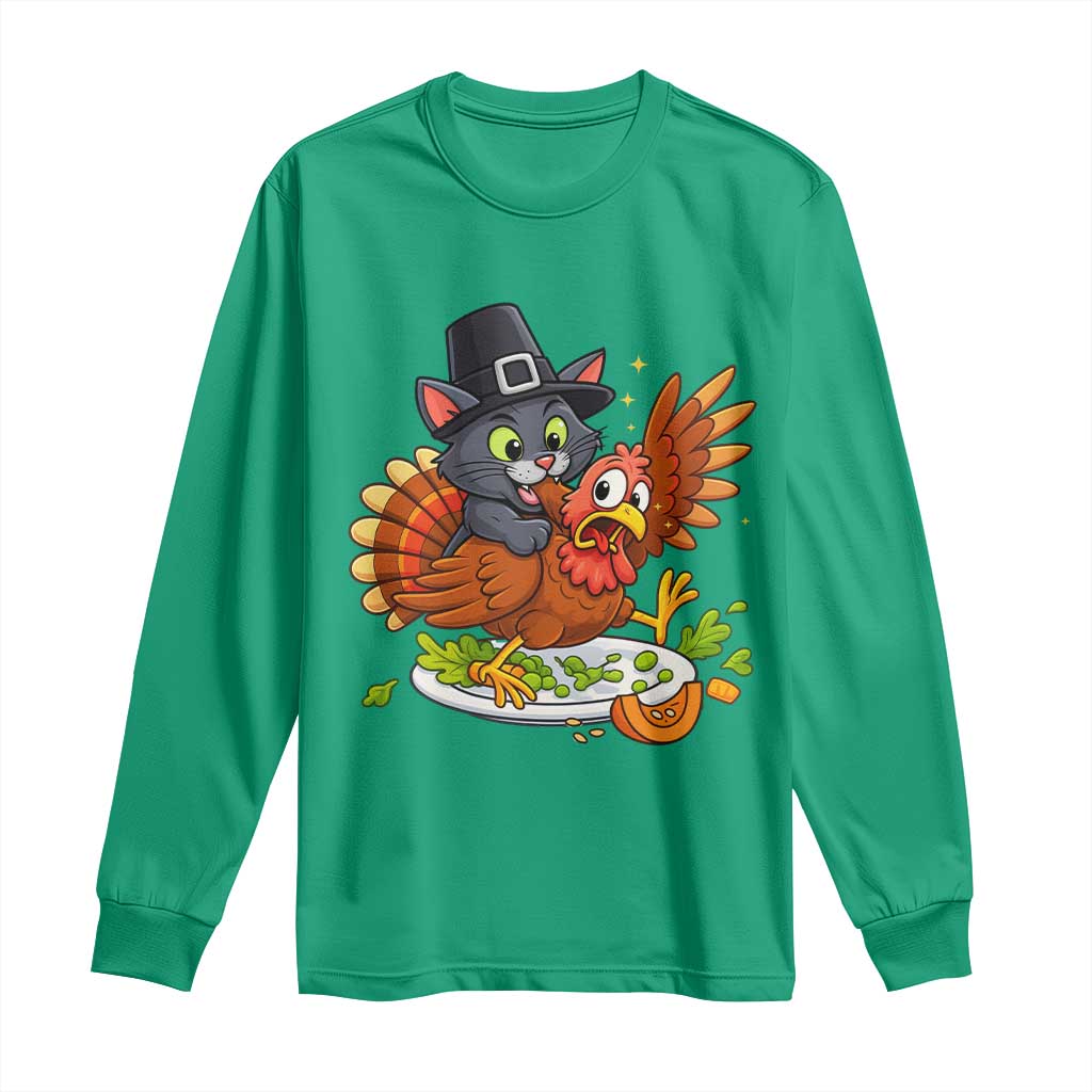 Funny Thanksgiving Cat Pilgrim Eat Turkey Long Sleeve Shirt - Wonder Print Shop