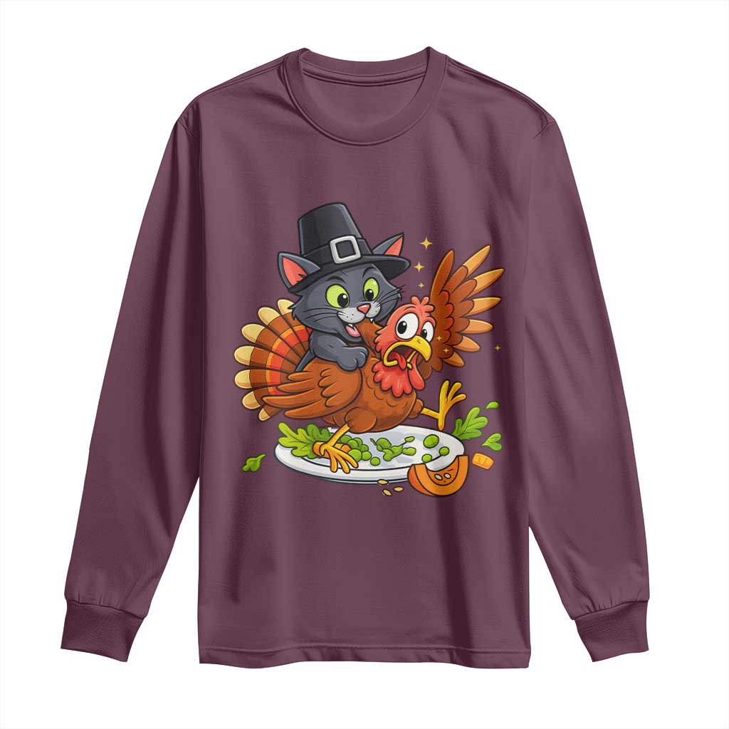 Funny Thanksgiving Cat Pilgrim Eat Turkey Long Sleeve Shirt - Wonder Print Shop