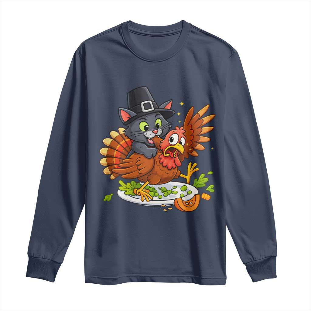 Funny Thanksgiving Cat Pilgrim Eat Turkey Long Sleeve Shirt - Wonder Print Shop