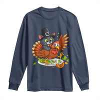 Funny Thanksgiving Cat Pilgrim Eat Turkey Long Sleeve Shirt - Wonder Print Shop