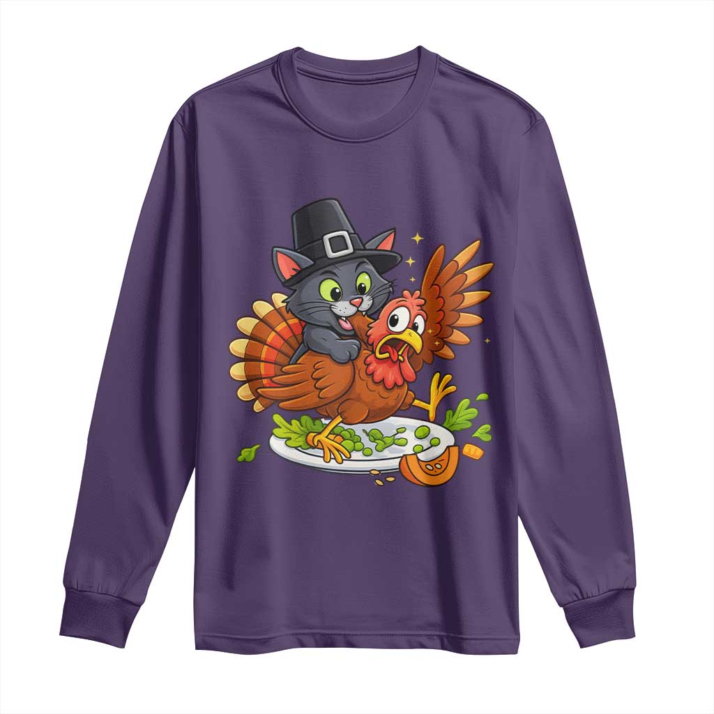 Funny Thanksgiving Cat Pilgrim Eat Turkey Long Sleeve Shirt - Wonder Print Shop