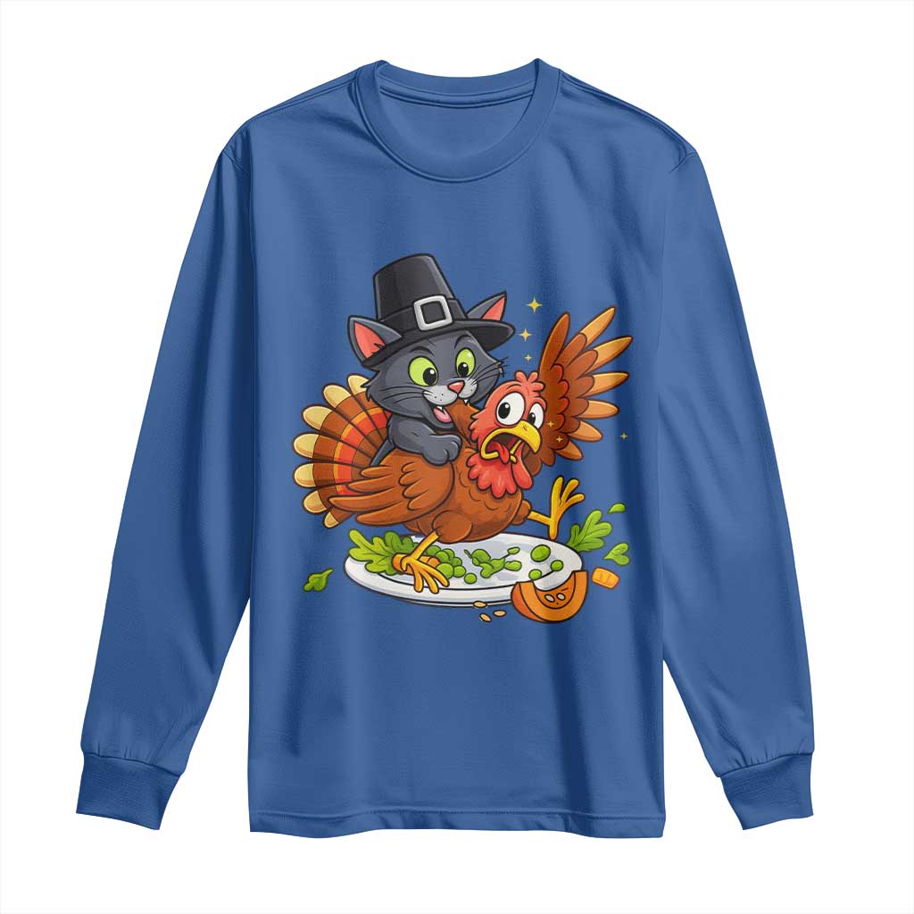 Funny Thanksgiving Cat Pilgrim Eat Turkey Long Sleeve Shirt - Wonder Print Shop