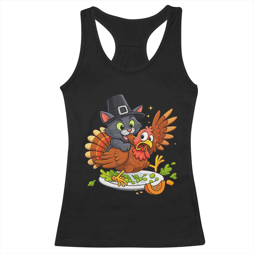 Funny Thanksgiving Cat Pilgrim Eat Turkey Racerback Tank Top - Wonder Print Shop