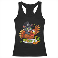 Funny Thanksgiving Cat Pilgrim Eat Turkey Racerback Tank Top - Wonder Print Shop