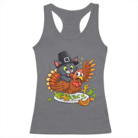 Funny Thanksgiving Cat Pilgrim Eat Turkey Racerback Tank Top - Wonder Print Shop