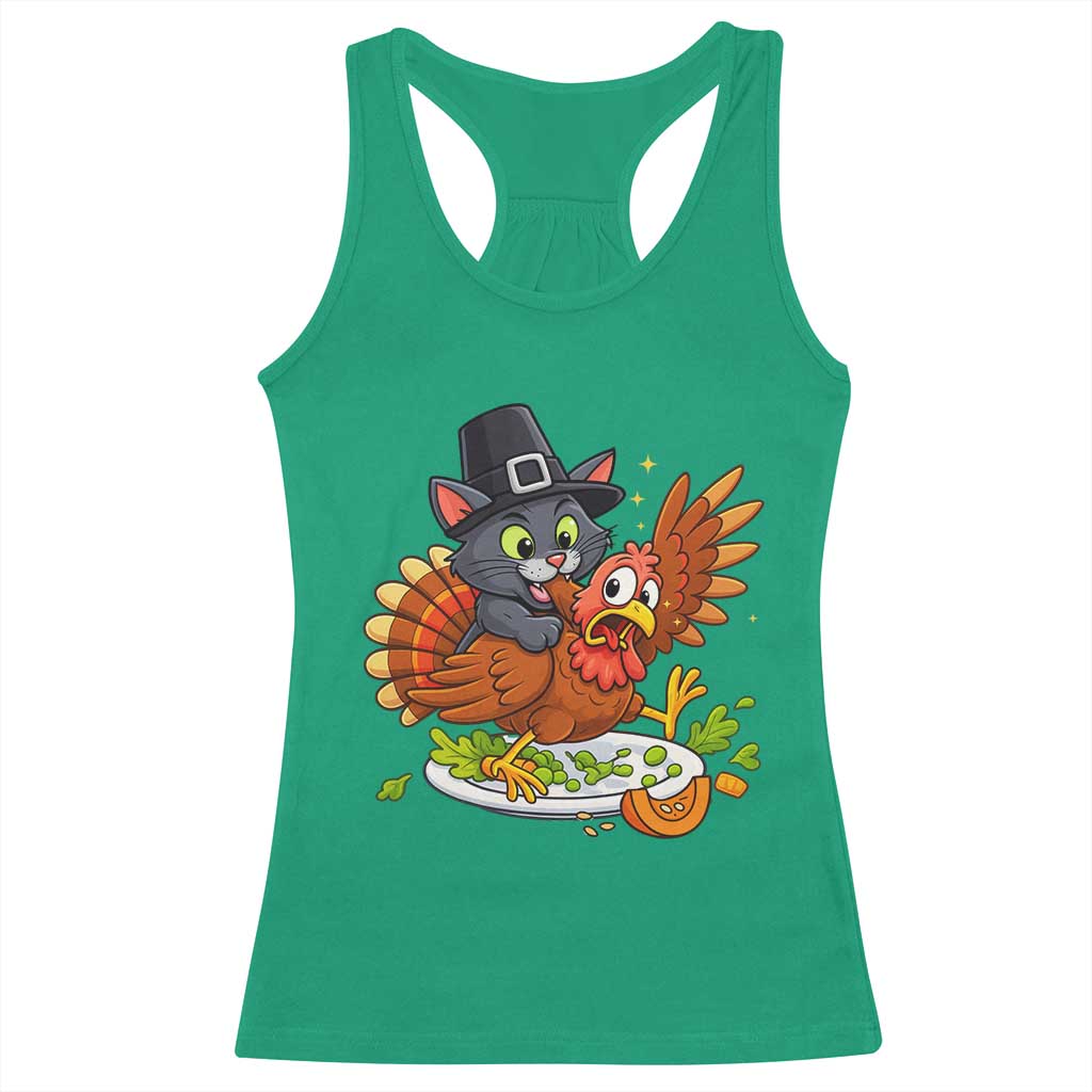 Funny Thanksgiving Cat Pilgrim Eat Turkey Racerback Tank Top - Wonder Print Shop
