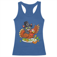 Funny Thanksgiving Cat Pilgrim Eat Turkey Racerback Tank Top - Wonder Print Shop