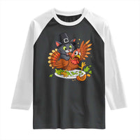Funny Thanksgiving Cat Pilgrim Eat Turkey Raglan Shirt - Wonder Print Shop