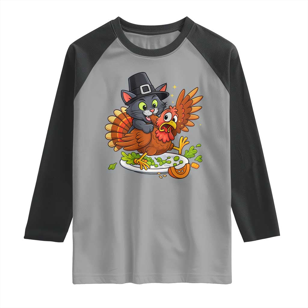 Funny Thanksgiving Cat Pilgrim Eat Turkey Raglan Shirt - Wonder Print Shop