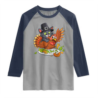 Funny Thanksgiving Cat Pilgrim Eat Turkey Raglan Shirt - Wonder Print Shop