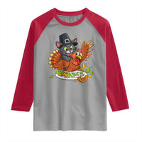 Funny Thanksgiving Cat Pilgrim Eat Turkey Raglan Shirt - Wonder Print Shop