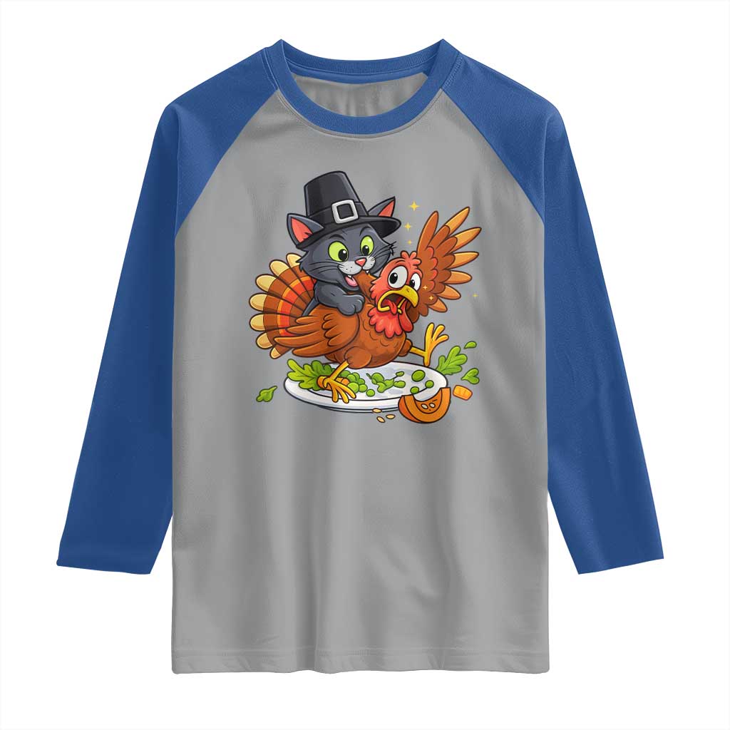 Funny Thanksgiving Cat Pilgrim Eat Turkey Raglan Shirt - Wonder Print Shop