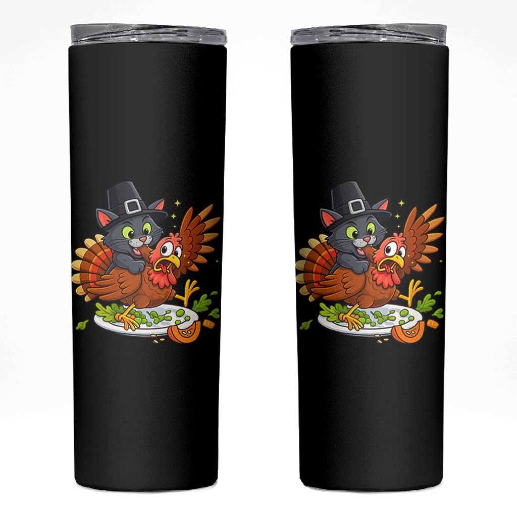 Funny Thanksgiving Cat Pilgrim Eat Turkey Skinny Tumbler