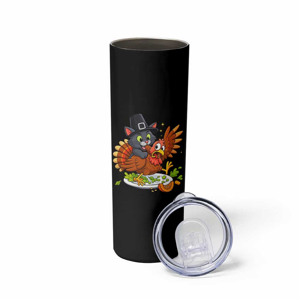 Funny Thanksgiving Cat Pilgrim Eat Turkey Skinny Tumbler
