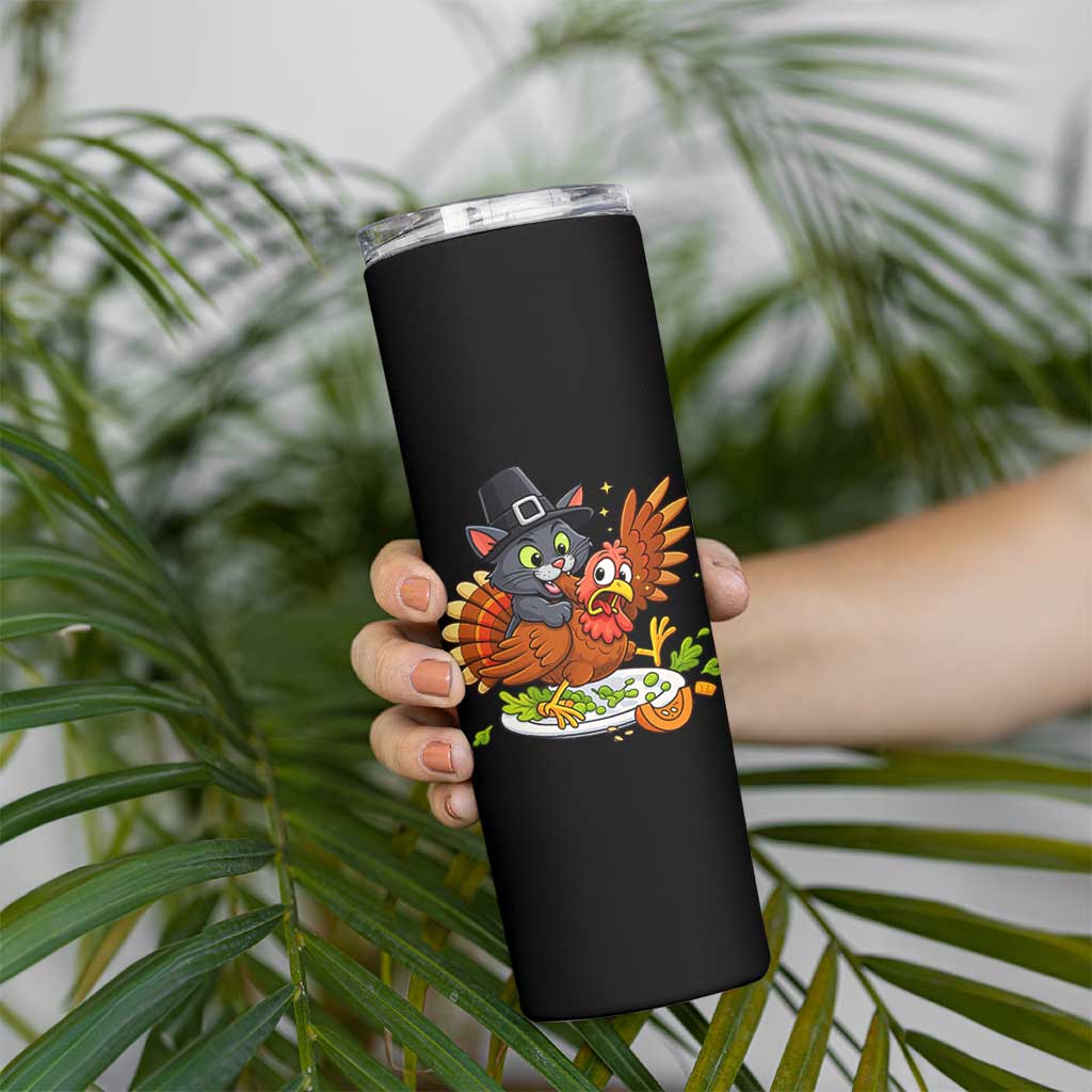 Funny Thanksgiving Cat Pilgrim Eat Turkey Skinny Tumbler