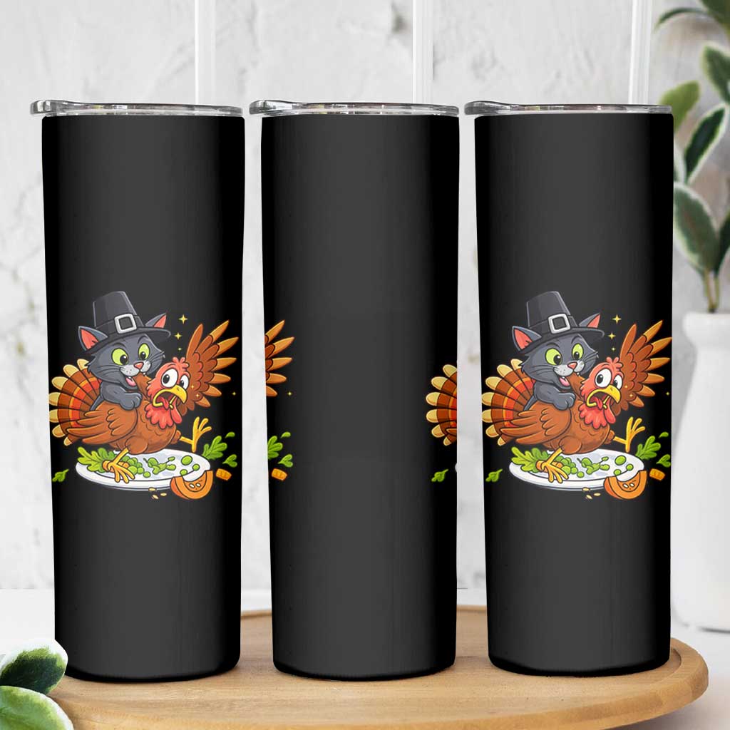 Funny Thanksgiving Cat Pilgrim Eat Turkey Skinny Tumbler
