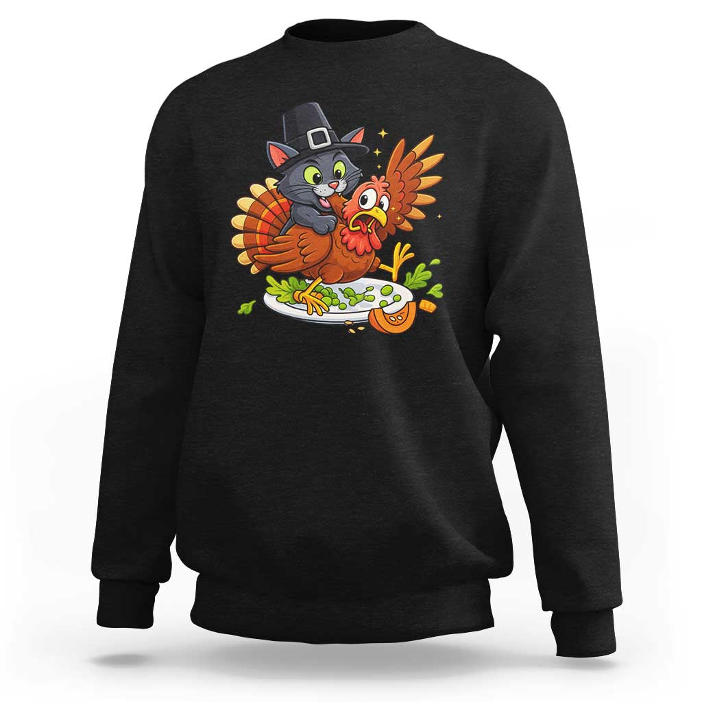 Funny Thanksgiving Cat Pilgrim Eat Turkey Sweatshirt - Wonder Print Shop