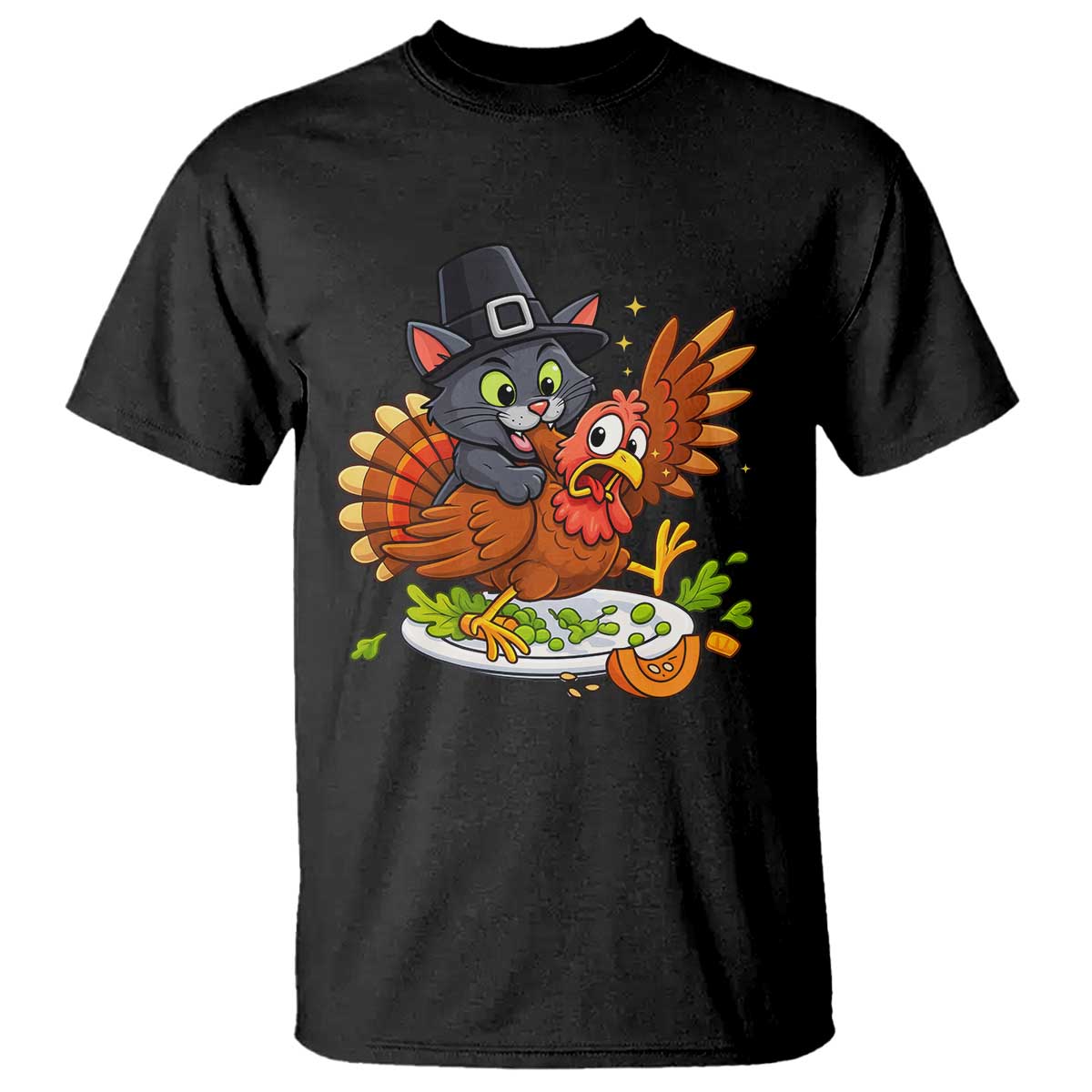 Funny Thanksgiving Cat Pilgrim Eat Turkey T Shirt - Wonder Print Shop