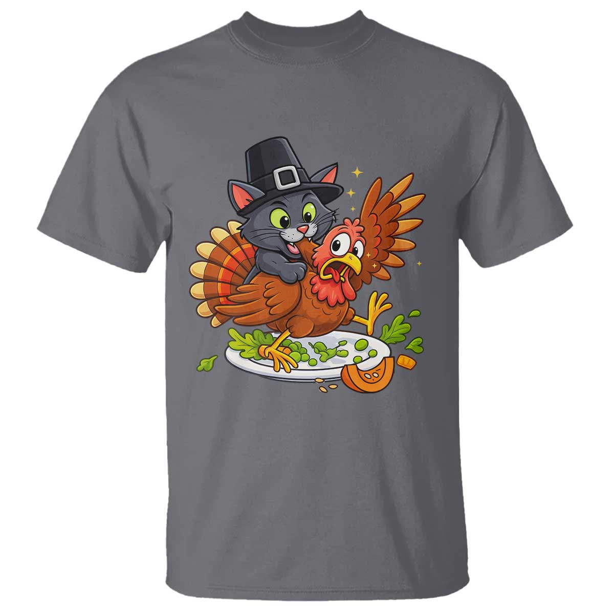 Funny Thanksgiving Cat Pilgrim Eat Turkey T Shirt - Wonder Print Shop