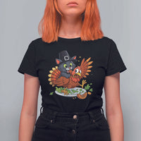 Funny Thanksgiving Cat Pilgrim Eat Turkey T Shirt For Women - Wonder Print Shop