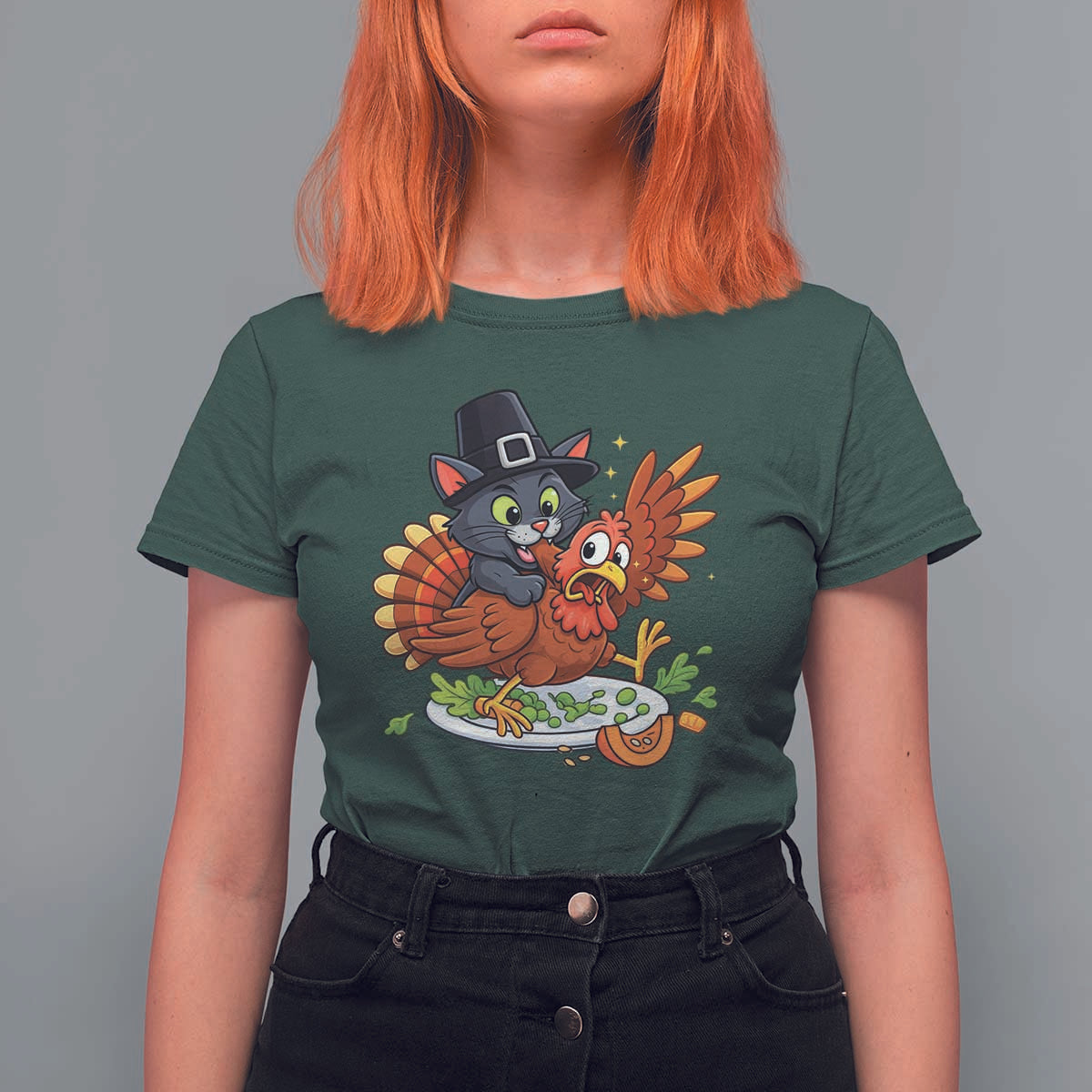 Funny Thanksgiving Cat Pilgrim Eat Turkey T Shirt For Women - Wonder Print Shop