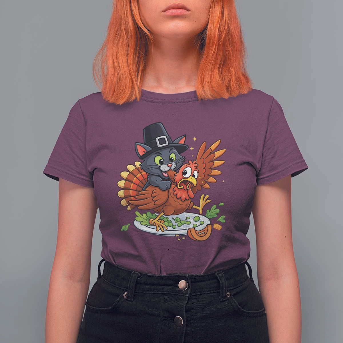 Funny Thanksgiving Cat Pilgrim Eat Turkey T Shirt For Women - Wonder Print Shop