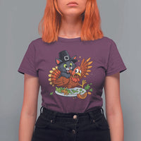Funny Thanksgiving Cat Pilgrim Eat Turkey T Shirt For Women - Wonder Print Shop