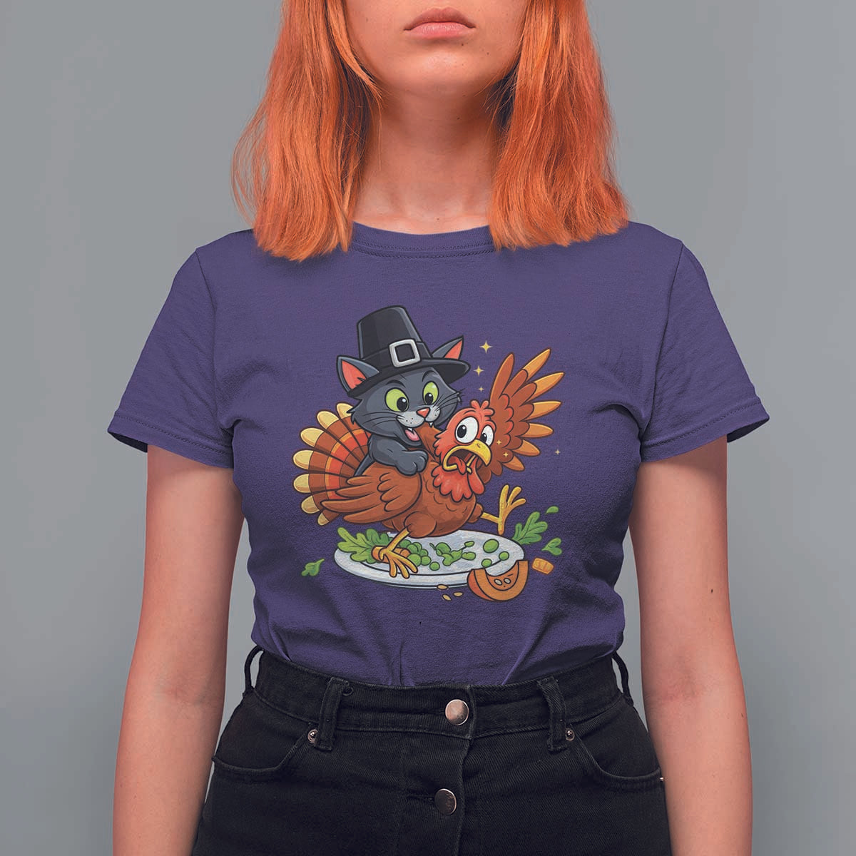 Funny Thanksgiving Cat Pilgrim Eat Turkey T Shirt For Women - Wonder Print Shop