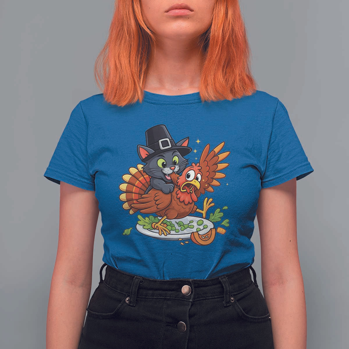 Funny Thanksgiving Cat Pilgrim Eat Turkey T Shirt For Women - Wonder Print Shop
