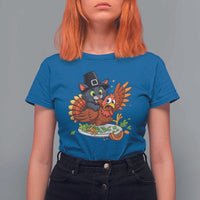 Funny Thanksgiving Cat Pilgrim Eat Turkey T Shirt For Women - Wonder Print Shop
