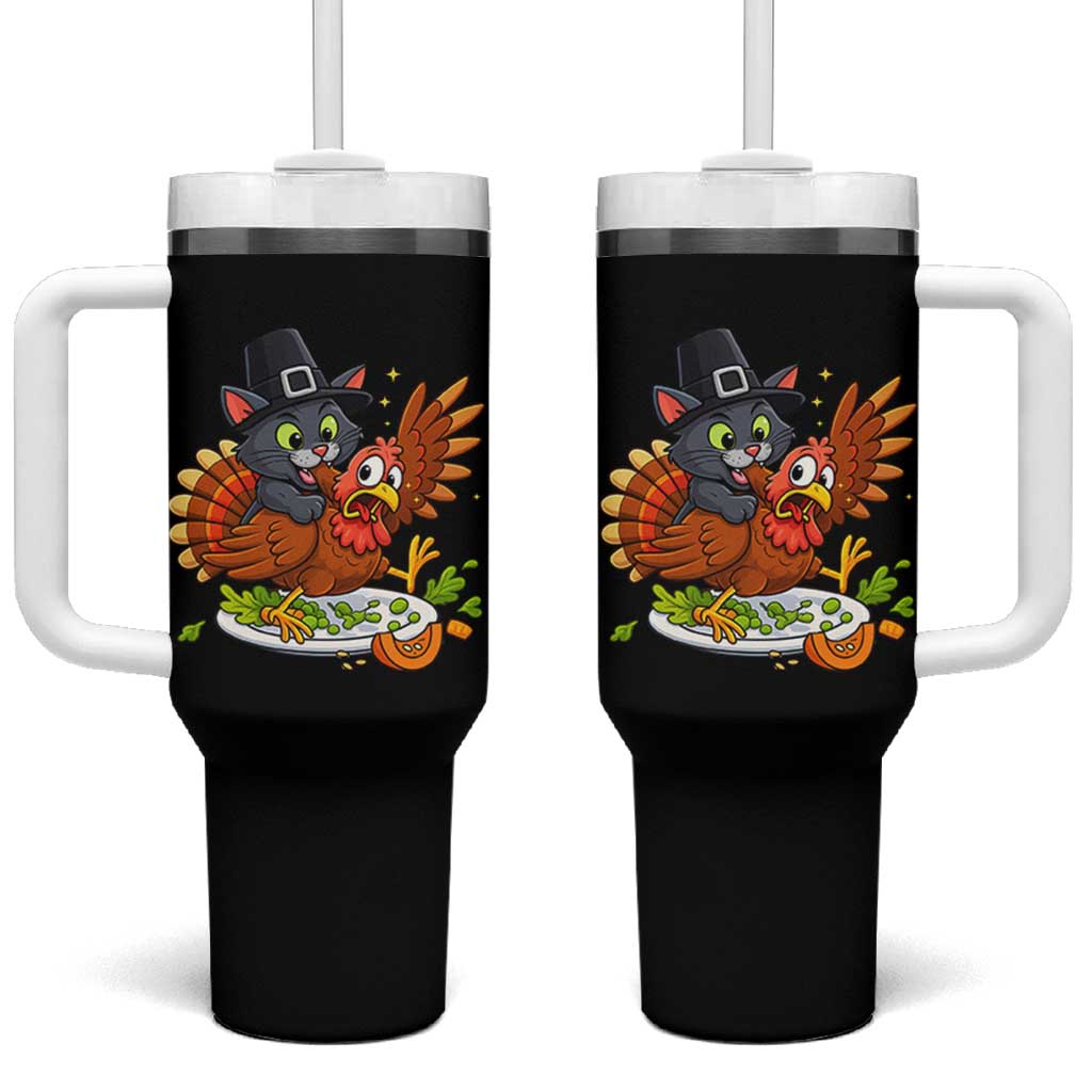 Funny Thanksgiving Cat Pilgrim Eat Turkey Tumbler With Handle