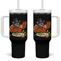 Funny Thanksgiving Cat Pilgrim Eat Turkey Tumbler With Handle