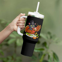 Funny Thanksgiving Cat Pilgrim Eat Turkey Tumbler With Handle