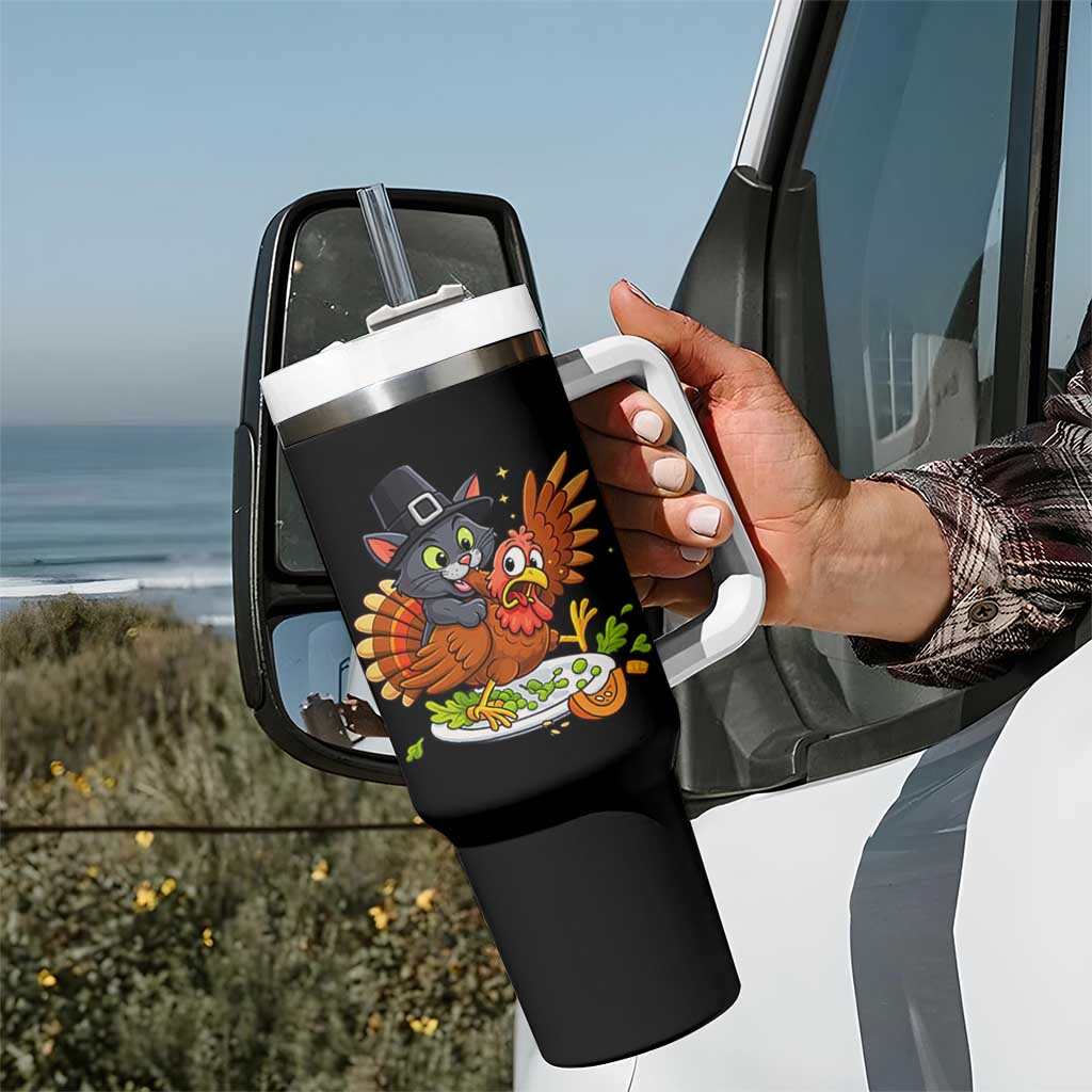 Funny Thanksgiving Cat Pilgrim Eat Turkey Tumbler With Handle